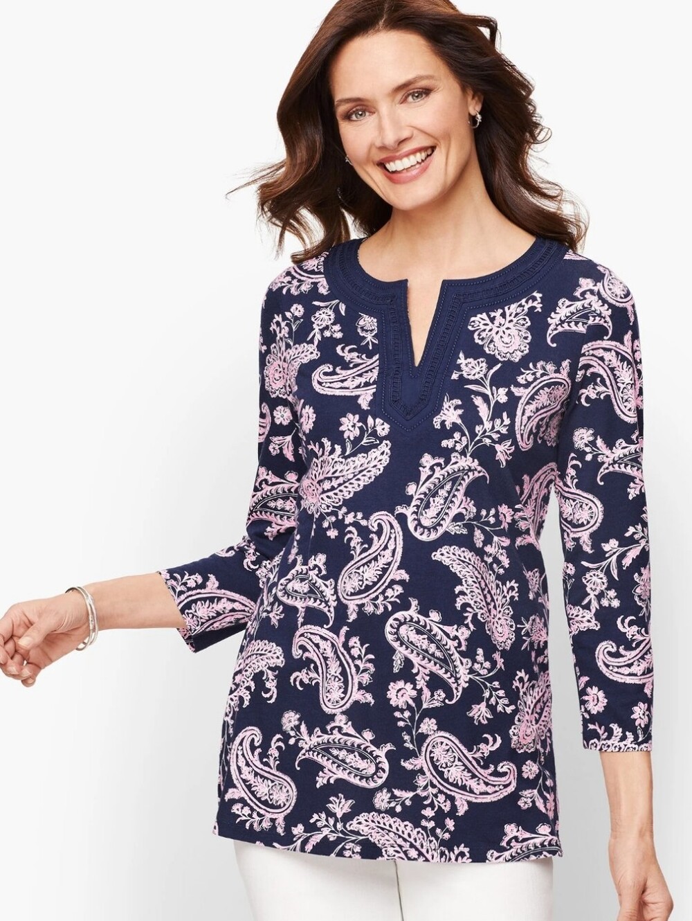 NWT Talbots Navy Tunic Long Sleeve Top with Pink Paisley Print